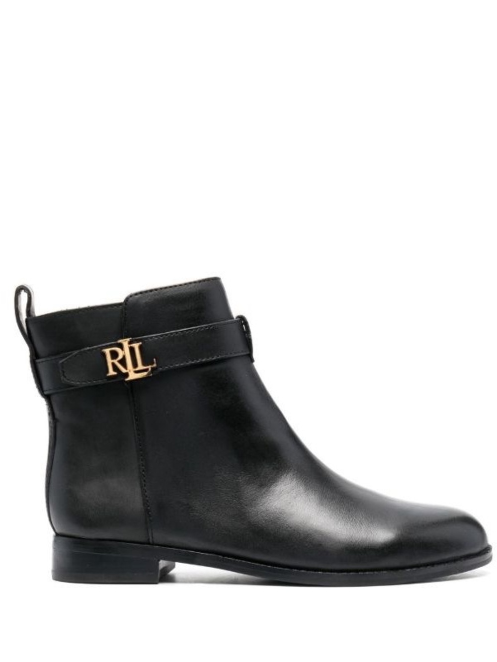Ralph Lauren Black Leather Ankle Boot with Gold RLL Accent